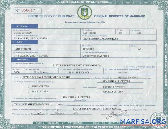 Realistic United Kingdom Virgin Islands marriage certificate template in PSD format